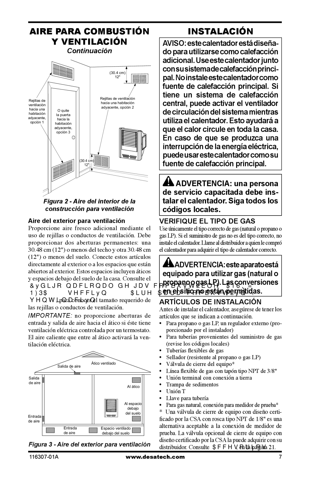 Desa SF20NT installation manual Verifique EL Tipo DE GAS, Artículos DE Instalación, Aire del exterior para ventilación 