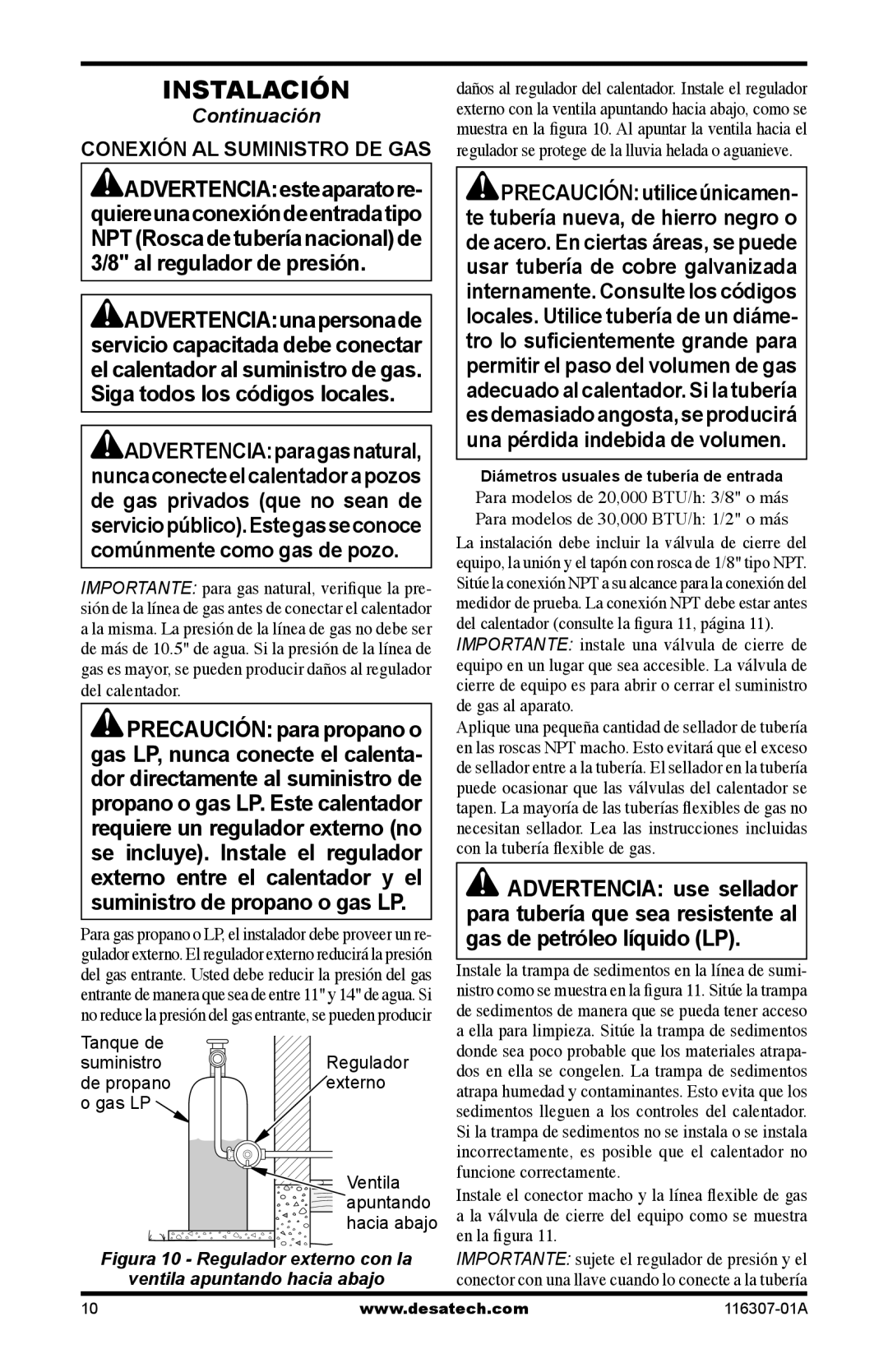 Desa SF20NT installation manual Conexión AL Suministro DE GAS, Ventila apuntando hacia abajo 