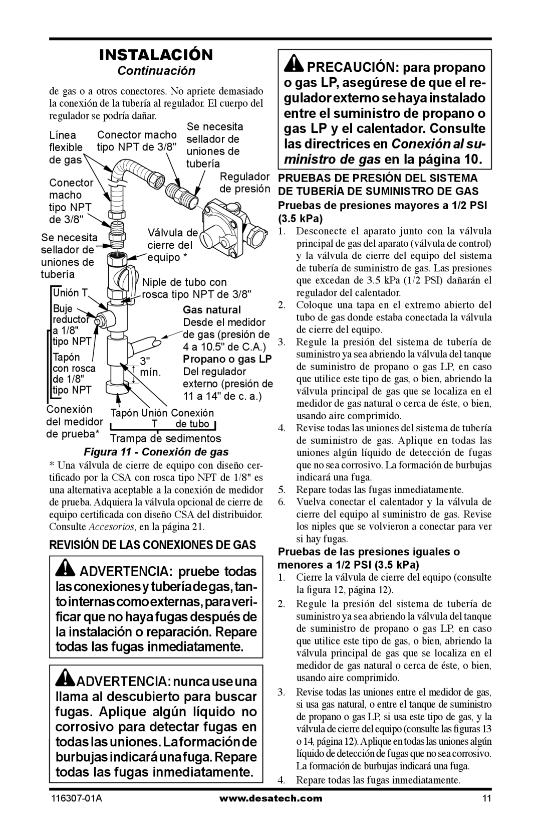 Desa SF20NT Revisión DE LAS Conexiones DE GAS, Gas natural, Propano o gas LP, Repare todas las fugas inmediatamente 