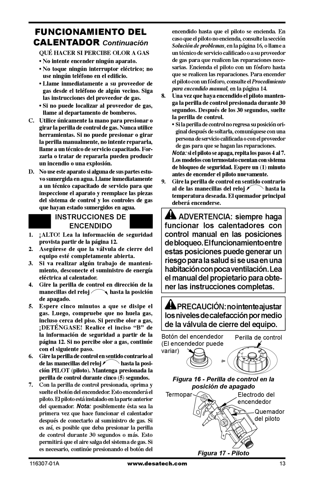 Desa SF20NT installation manual Instrucciones DE Encendido, No intente encender ningún aparato 