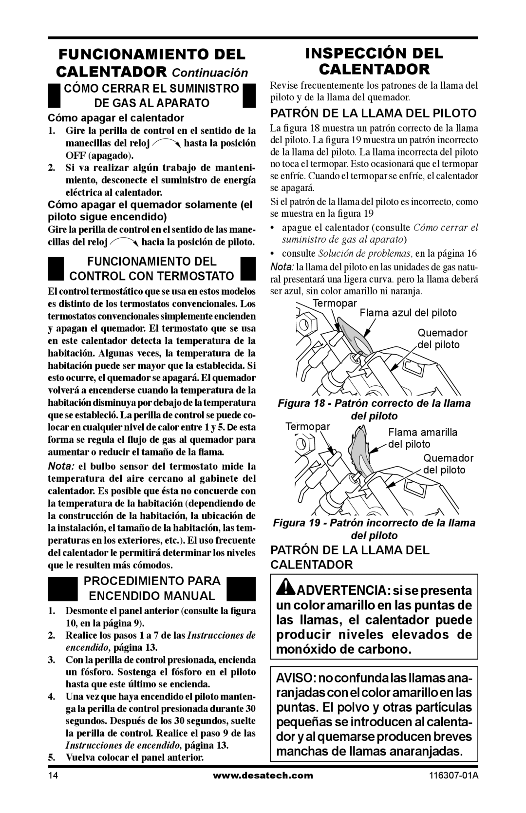 Desa SF20NT installation manual Funcionamiento DEL, Inspección DEL Calentador 