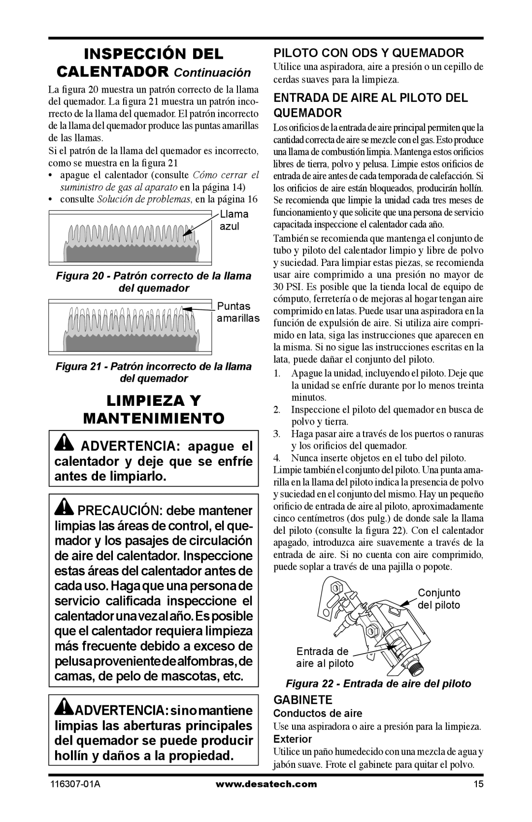 Desa SF20NT Inspección DEL, Limpieza Y Mantenimiento, Entrada DE Aire AL Piloto DEL Quemador, Como se muestra en la ﬁgura 