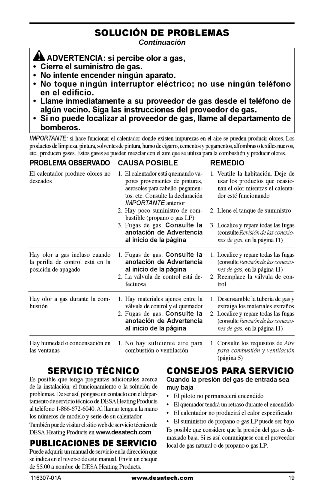 Desa SF20NT installation manual Servicio Técnico, Consejos Para Servicio, Cuando la presión del gas de entrada sea muy baja 