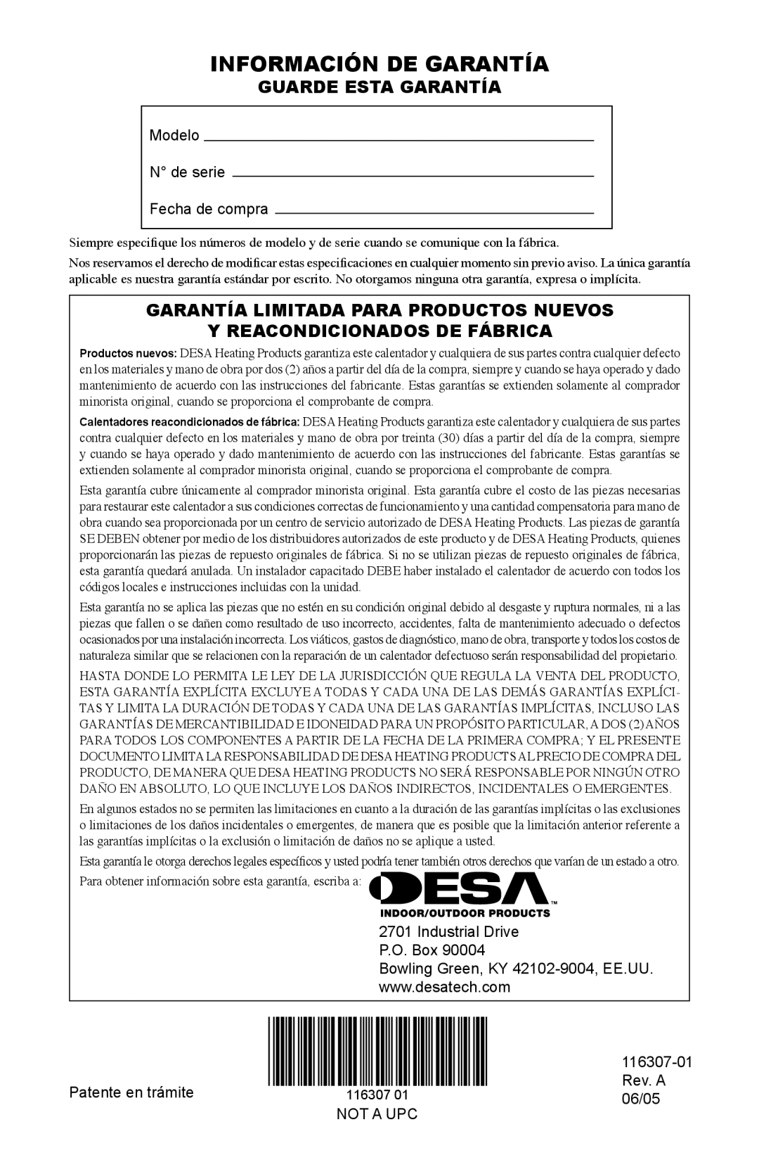 Desa SF20NT installation manual Información DE Garantía, Guarde Esta Garantía 