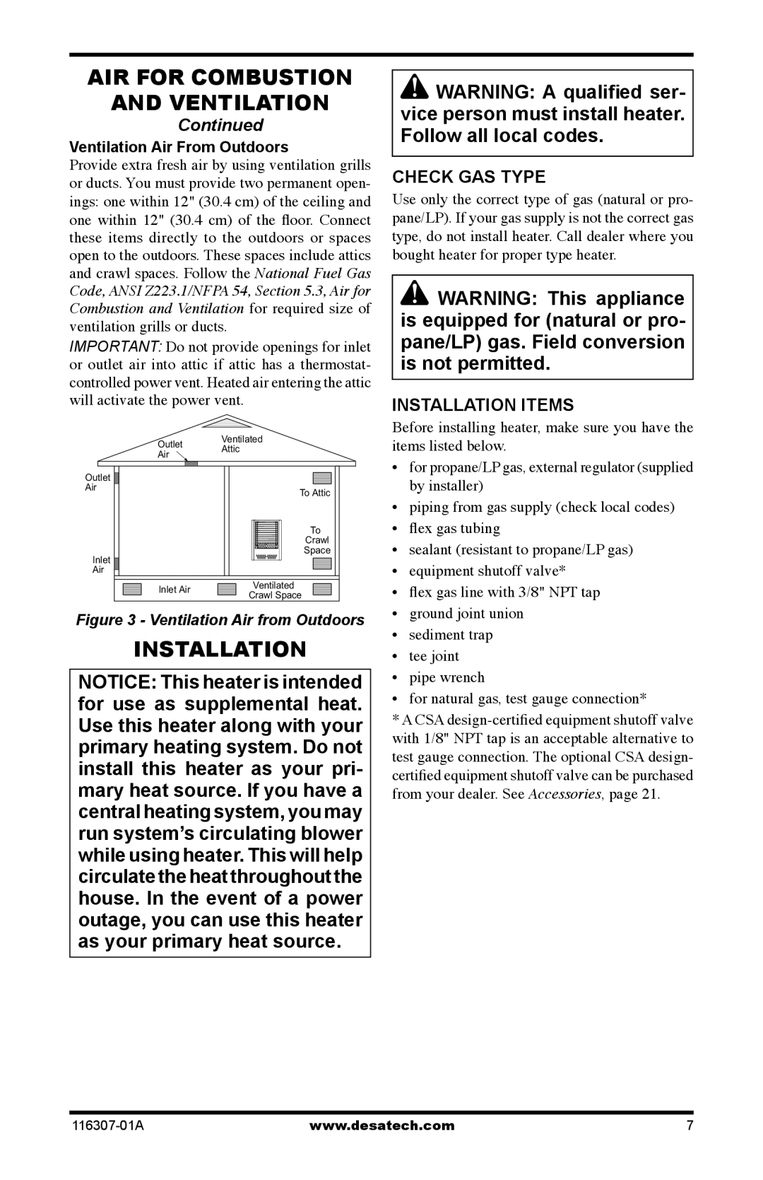 Desa SF20NT installation manual Check GAS Type, Installation Items, Ventilation Air From Outdoors 