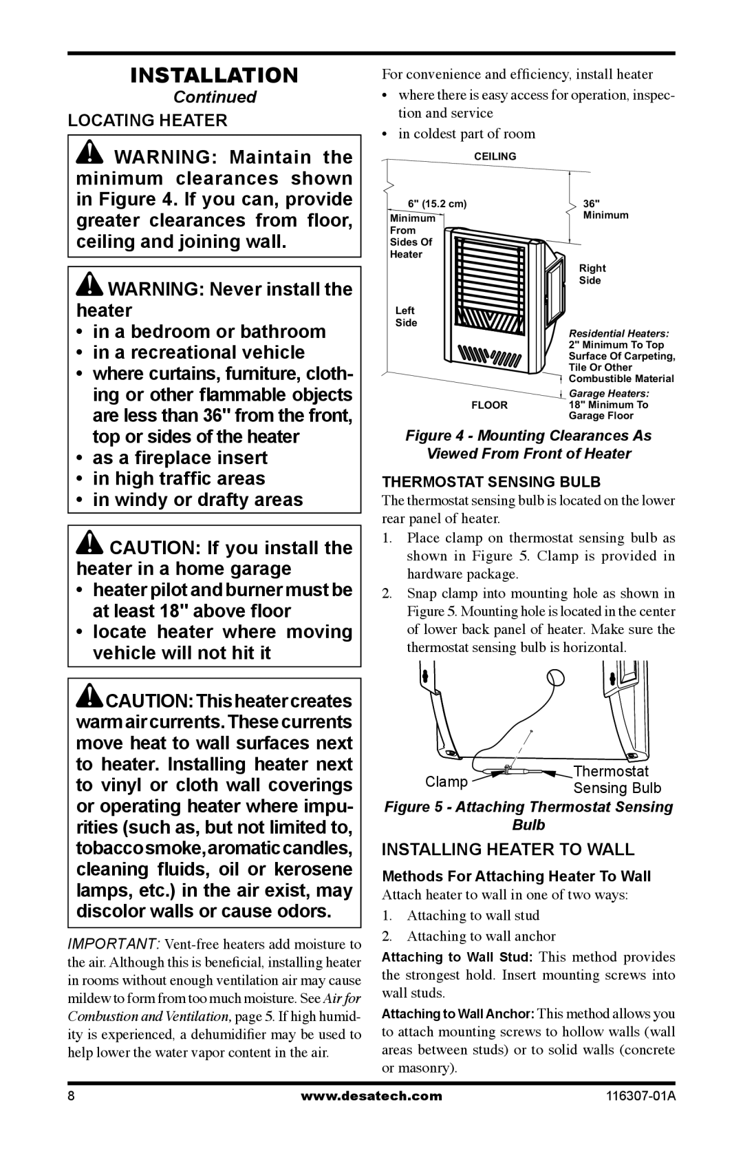 Desa SF20NT installation manual Locating Heater, Installing Heater to Wall, Coldest part of room 