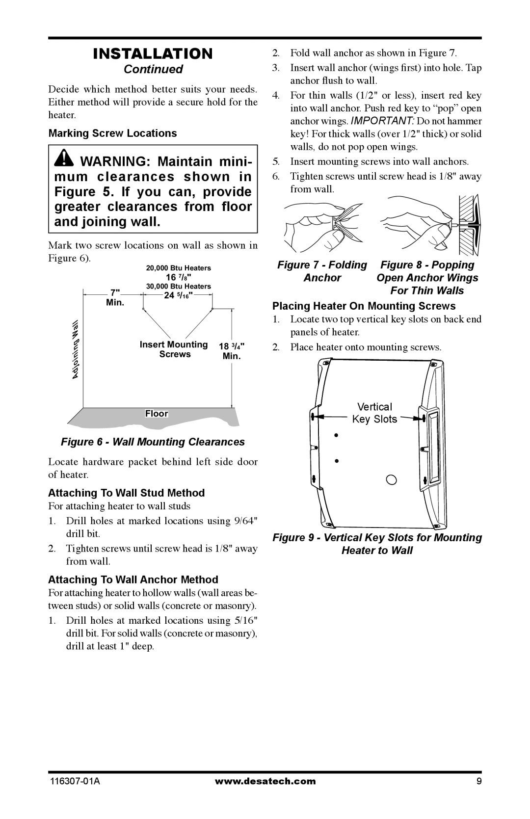 Desa SF20NT Marking Screw Locations, Mark two screw locations on wall as shown in Figure, Attaching To Wall Anchor Method 