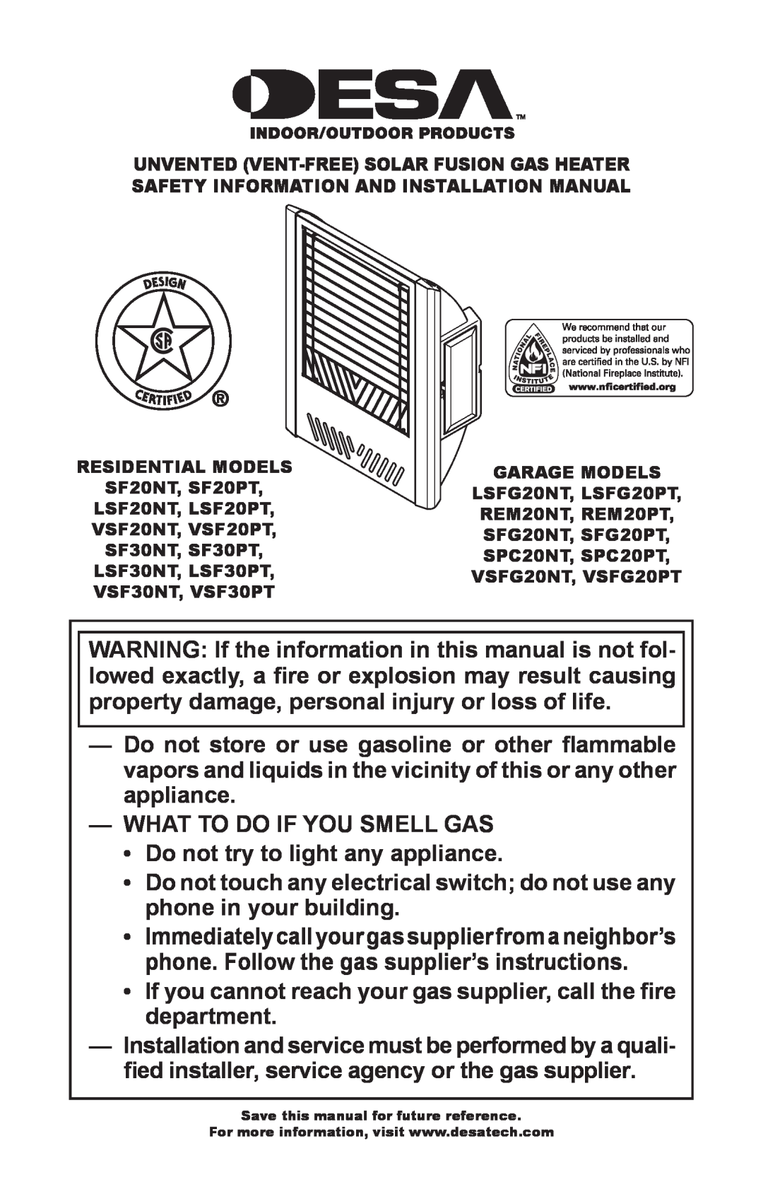 Desa SF20NT installation manual What To Do If You Smell Gas 