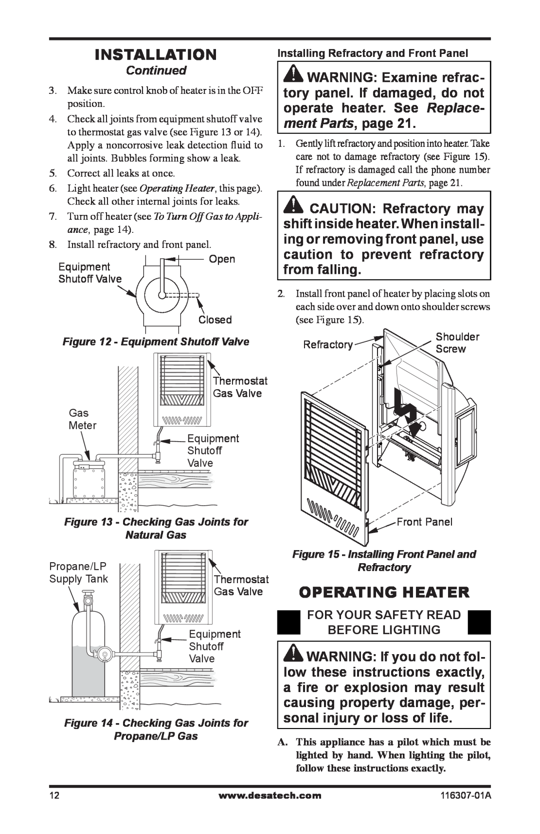 Desa SF20NT installation manual Installation, Operating Heater 