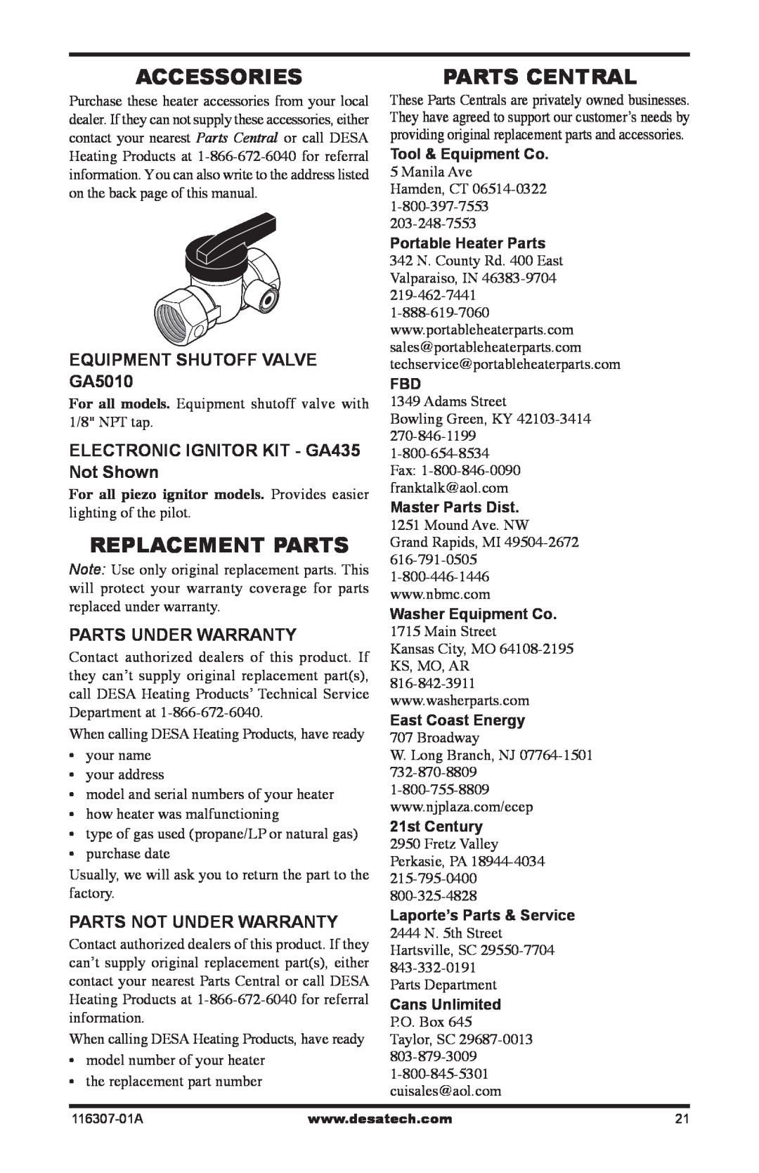 Desa SF20NT Accessories, Replacement Parts, Parts Central, EQUIPMENT SHUTOFF VALVE GA5010, Parts Under Warranty 