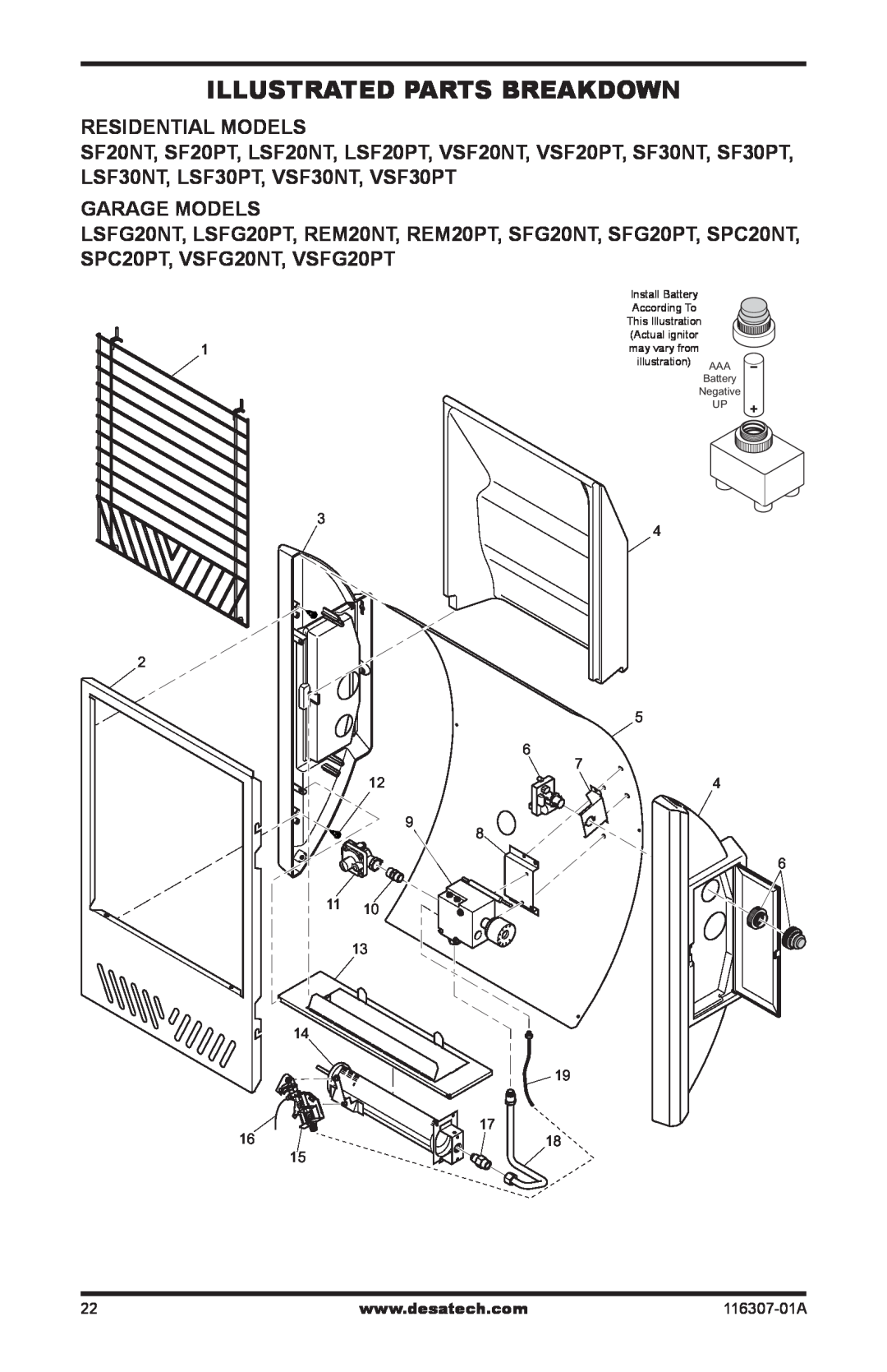 Desa SF20NT installation manual Illustrated Parts Breakdown, Residential Models, Garage Models 