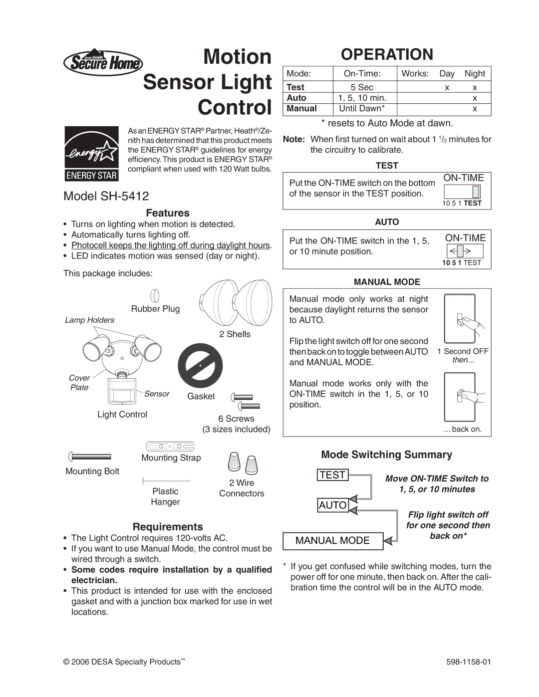 Desa manual Operation, Model SH-5412, Features, Requirements 