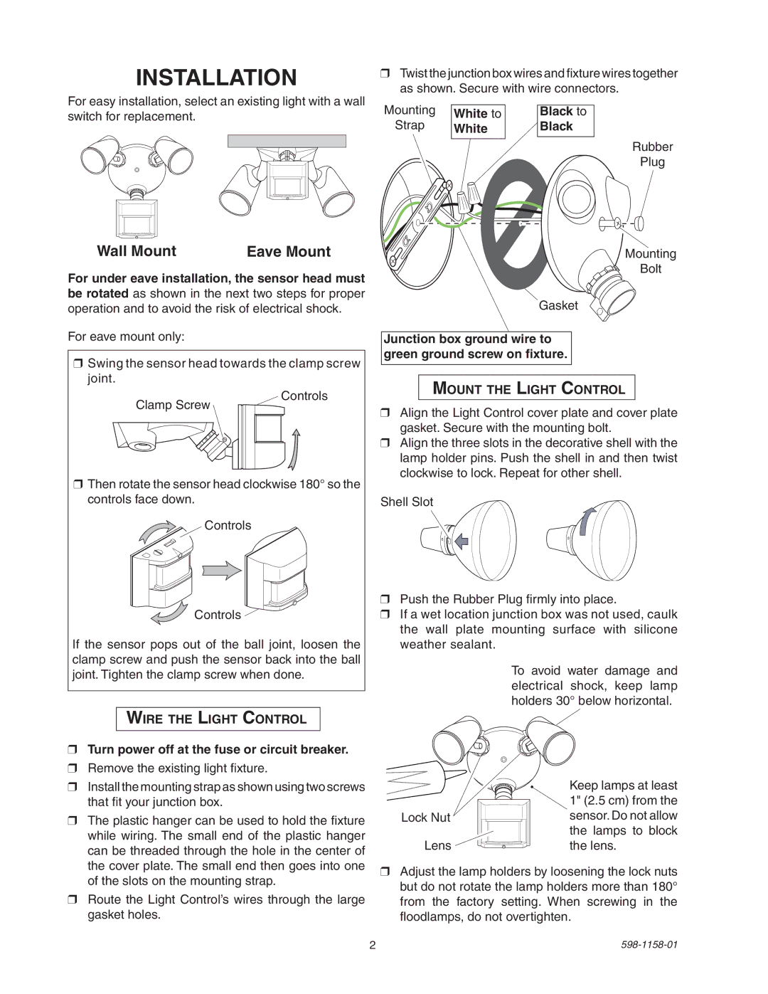 Desa SH-5412 manual Installation, Wall Mount Eave Mount, Mount the Light Control, Wire the Light Control 