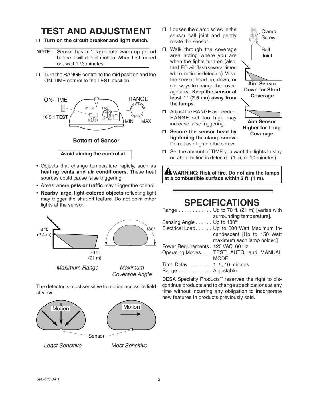 Desa SH-5412 manual Test and Adjustment, Specifications, Bottom of Sensor, Maximum Range, Least Sensitive 