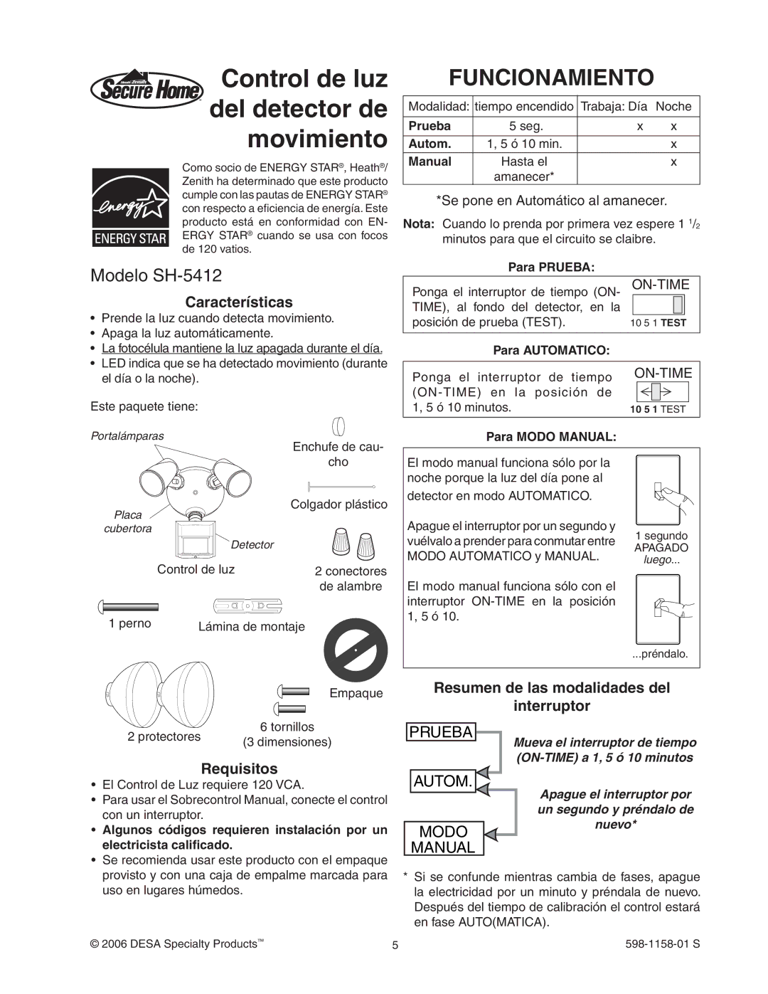 Desa manual Funcionamiento, Modelo SH-5412, Características, Requisitos, Resumen de las modalidades del Interruptor 