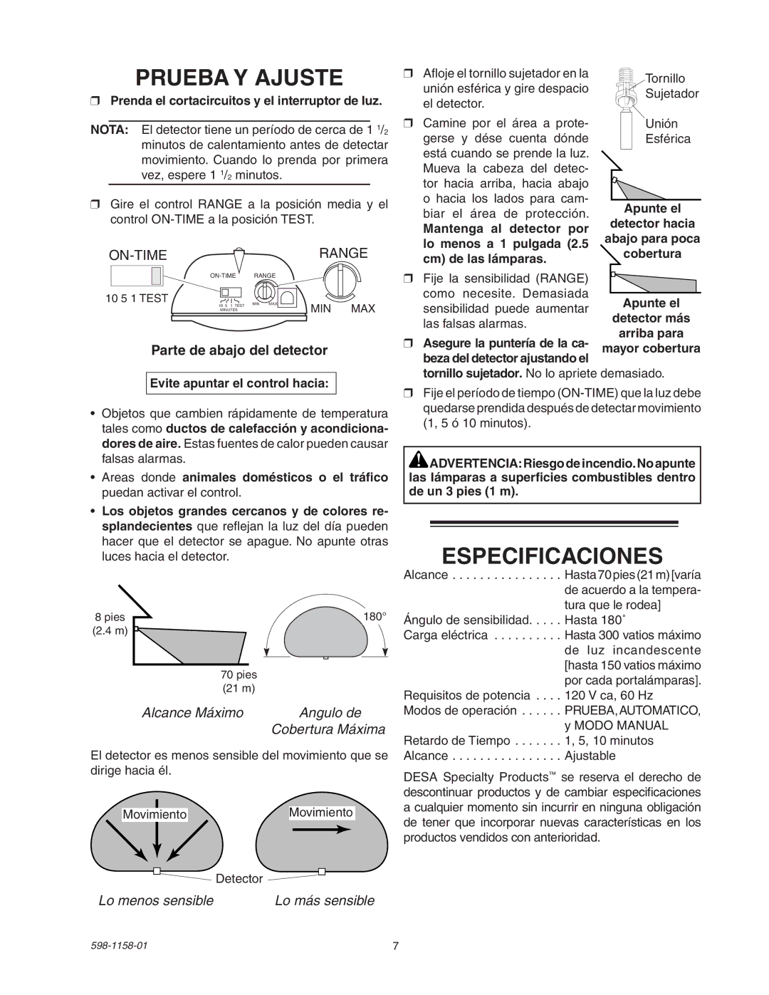 Desa SH-5412 Prueba Y Ajuste, Especificaciones, Parte de abajo del detector, Alcance Máximo Angulo de Cobertura Máxima 