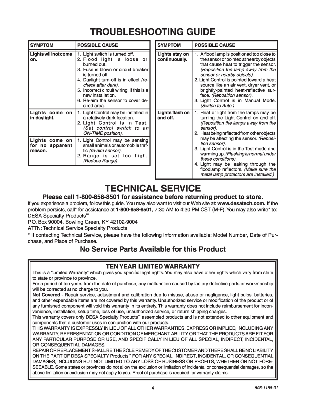 Desa SH-5412 manual Troubleshooting Guide, Technical Service, No Service Parts Available for this Product 