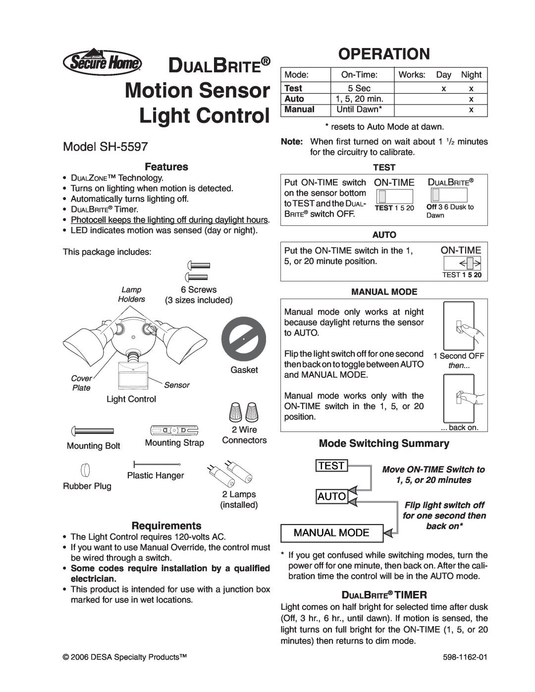 Desa manual Motion Sensor Light Control, Operation, Model SH-5597, Features, Requirements, Dualbrite Timer, On-Time 