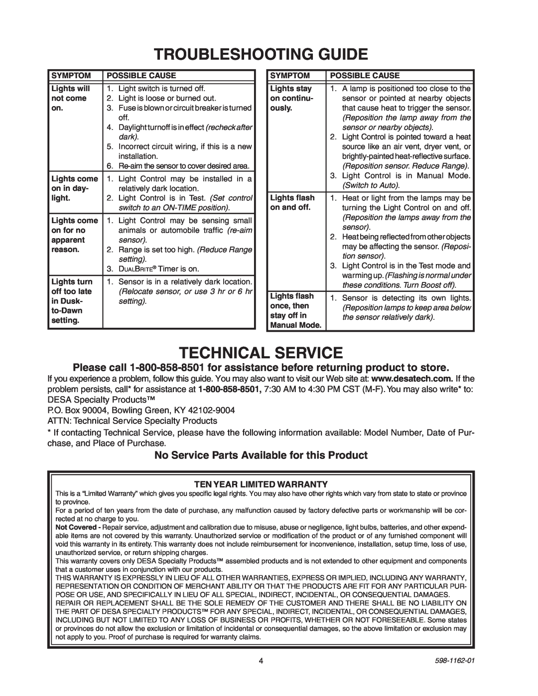 Desa SH-5597 manual Troubleshooting Guide, Technical Service, No Service Parts Available for this Product 