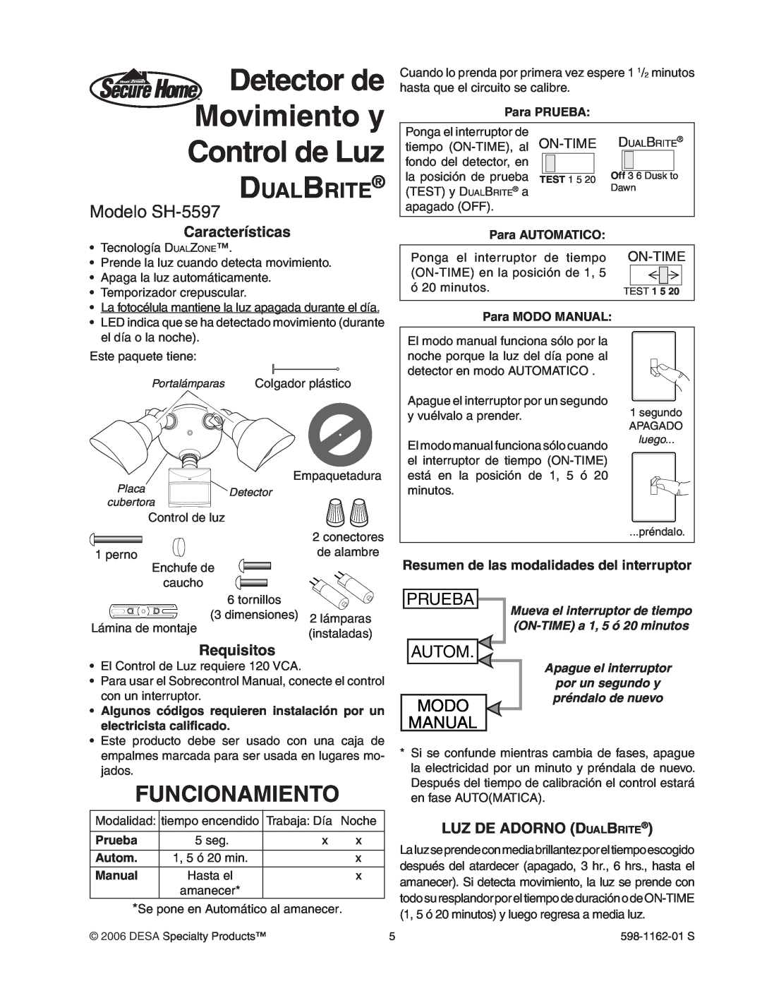 Desa Detector de Movimiento y Control de Luz, Funcionamiento, Modelo SH-5597, Características, Requisitos, Prueba, Modo 