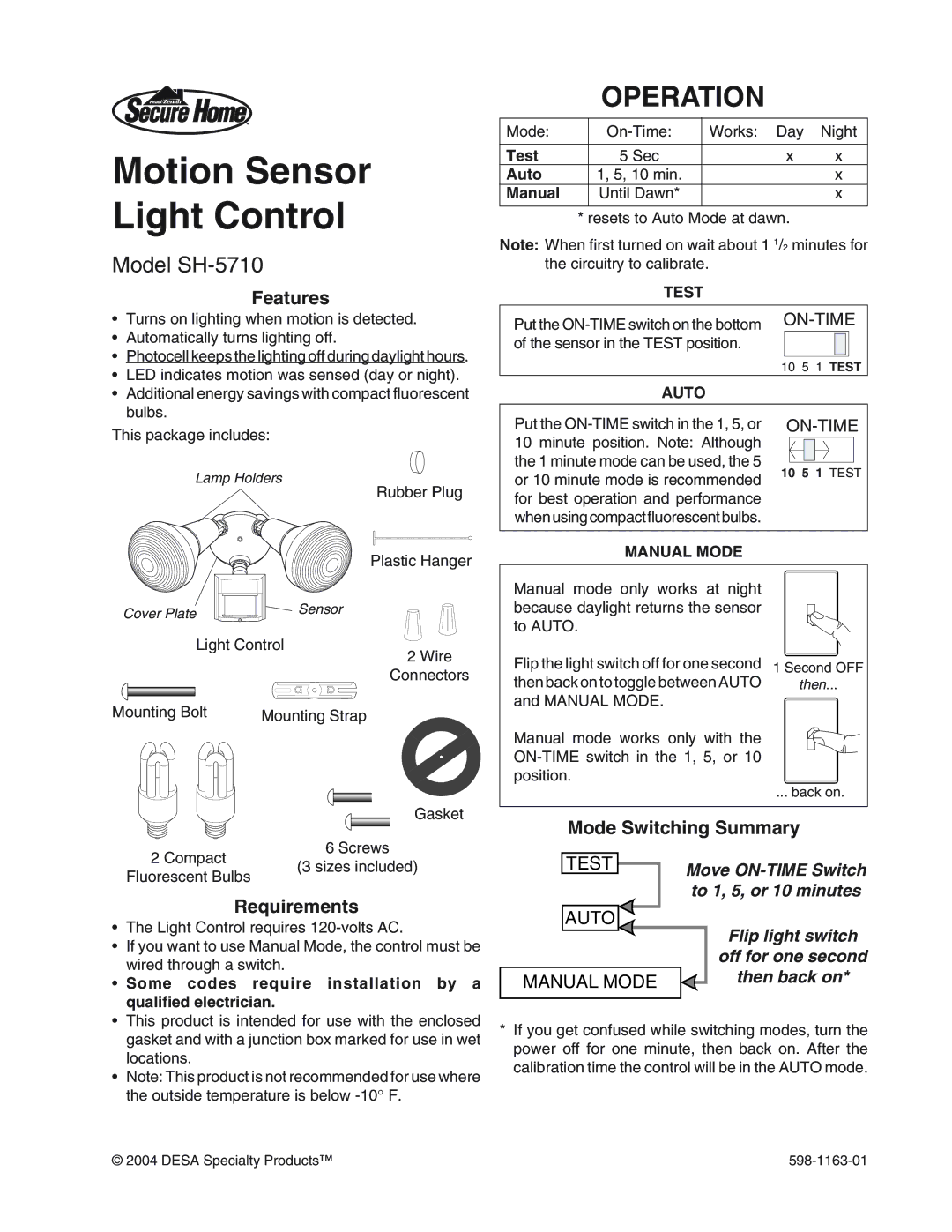 Desa manual Operation, Model SH-5710, Features, Mode Switching Summary, Requirements 