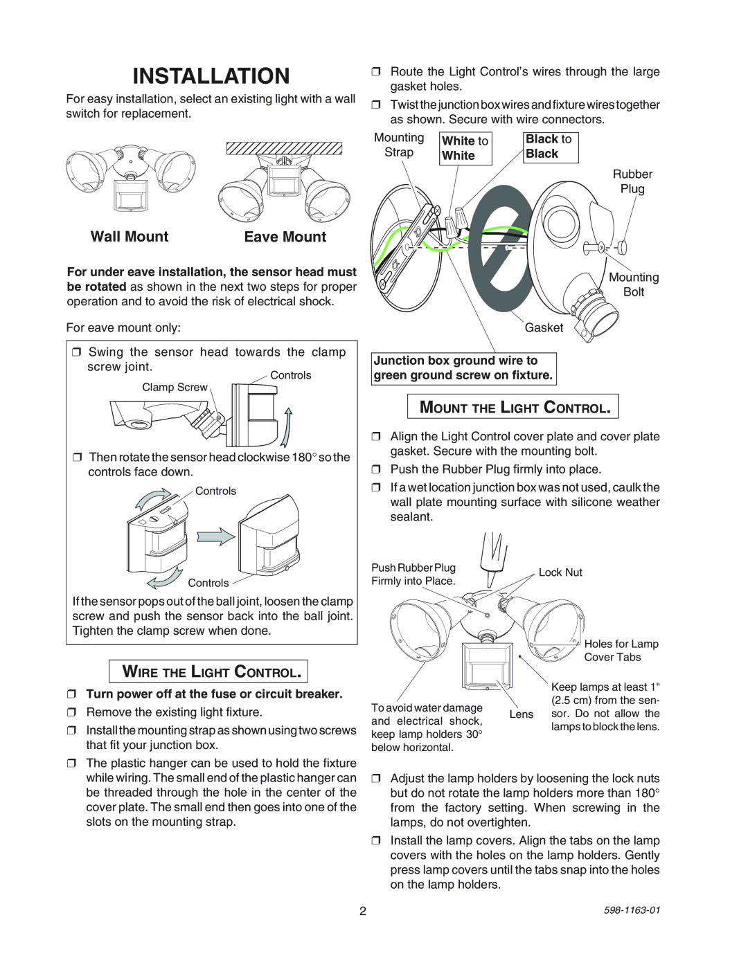 Desa SH-5710 manual Installation, Wall Mount Eave Mount, Mount the Light Control, Wire the Light Control 