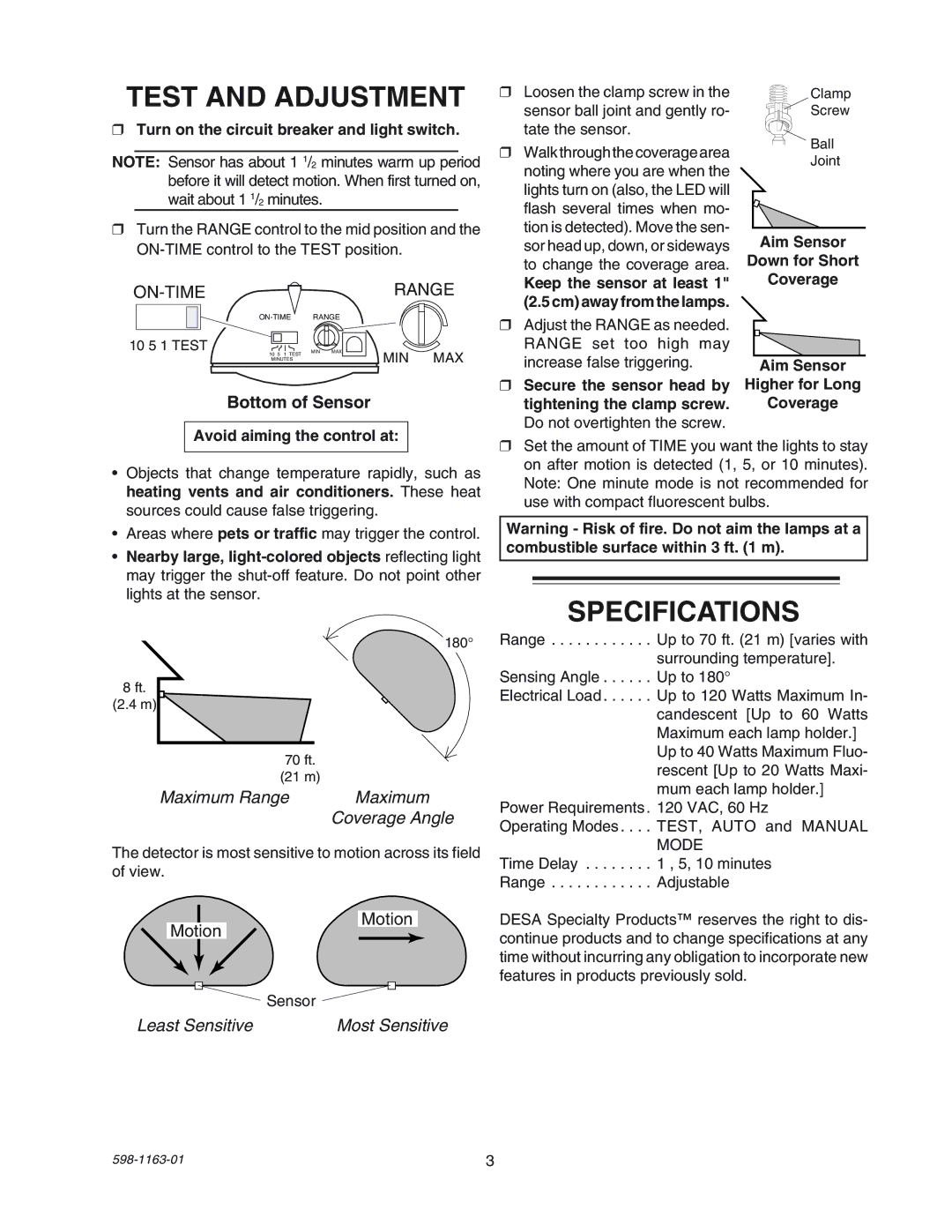 Desa SH-5710 manual Test and Adjustment, Specifications, Bottom of Sensor 