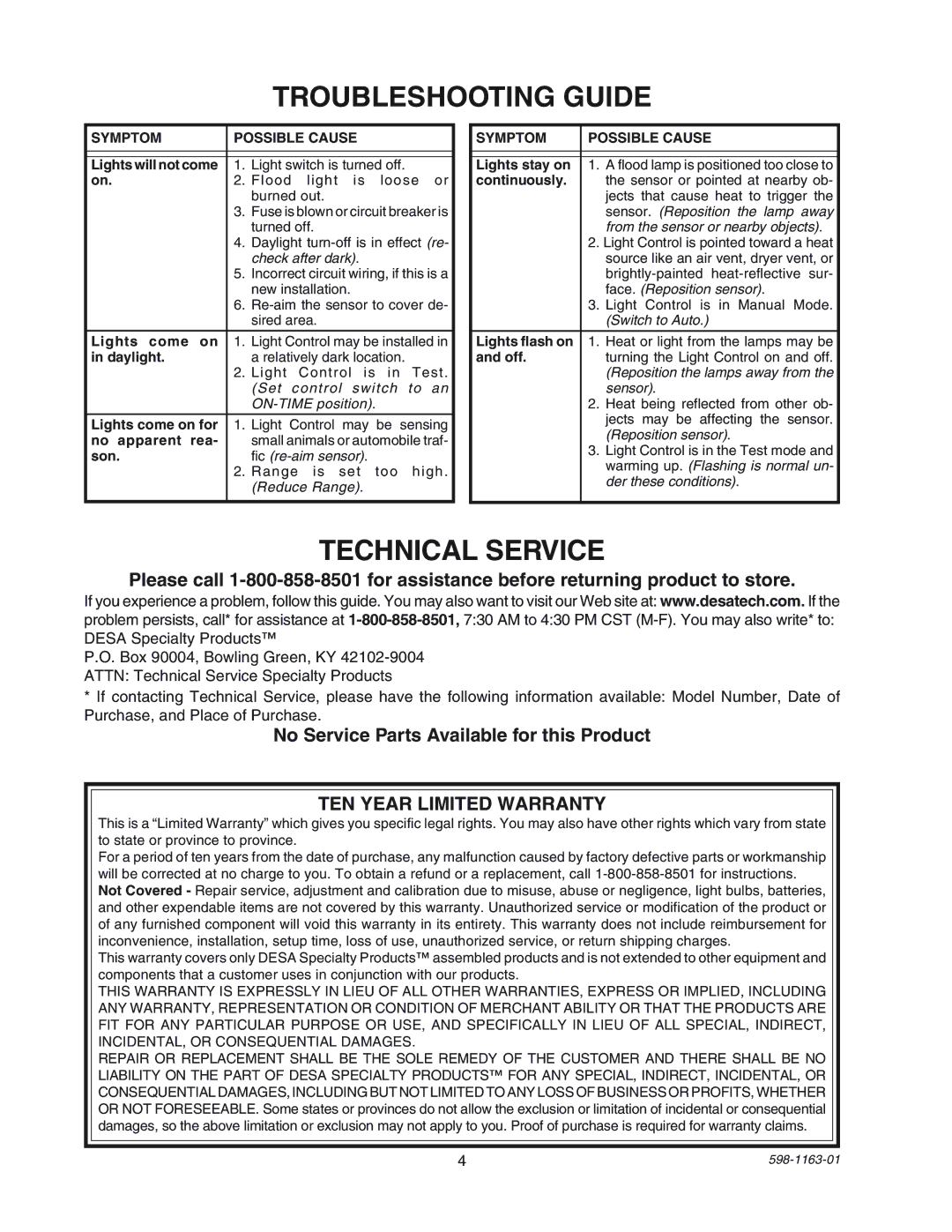 Desa SH-5710 Troubleshooting Guide, Technical Service, No Service Parts Available for this Product, Symptom Possible Cause 