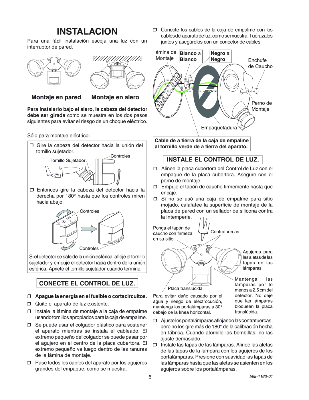 Desa SH-5710 manual Instalacion, Montaje en pared Montaje en alero, Conecte EL Control DE LUZ, Instale EL Control DE LUZ 