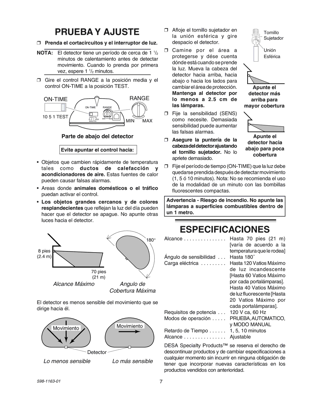 Desa SH-5710 Prueba Y Ajuste, Especificaciones, Parte de abajo del detector, Alcance Máximo Angulo de, Lo menos sensible 