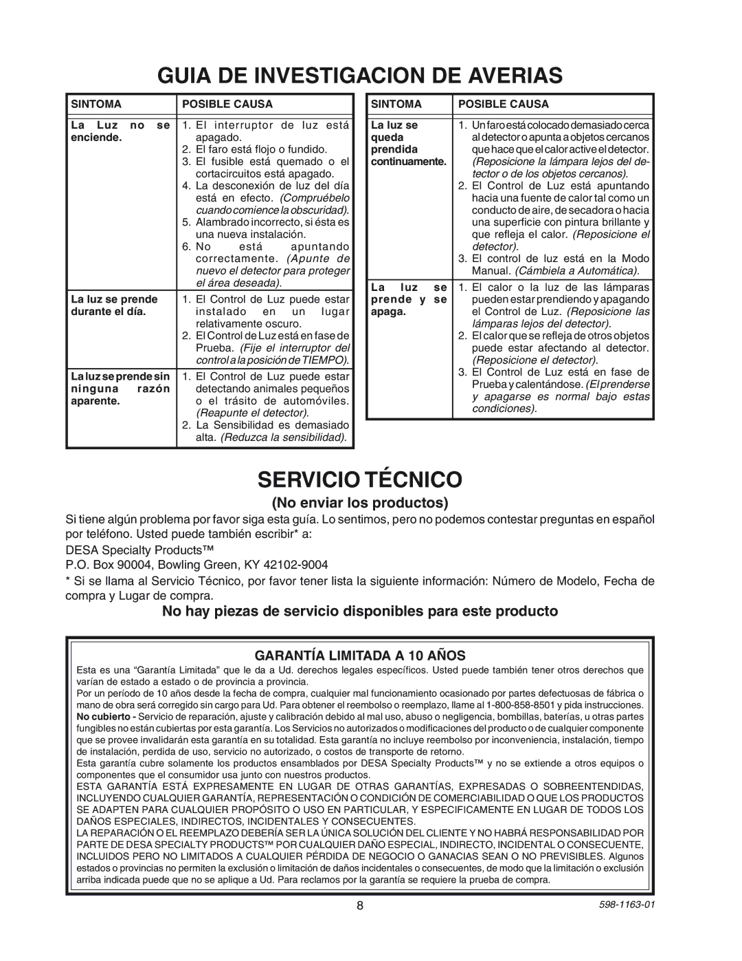 Desa SH-5710 manual Guia DE Investigacion DE Averias, Servicio Técnico, No enviar los productos, Sintoma Posible Causa 