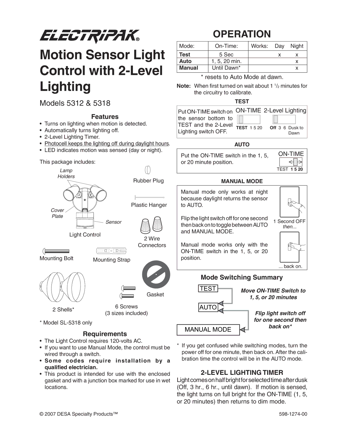 Desa SL-5326 manual Operation, Models 5312, Features, Requirements, Level Lighting Timer 