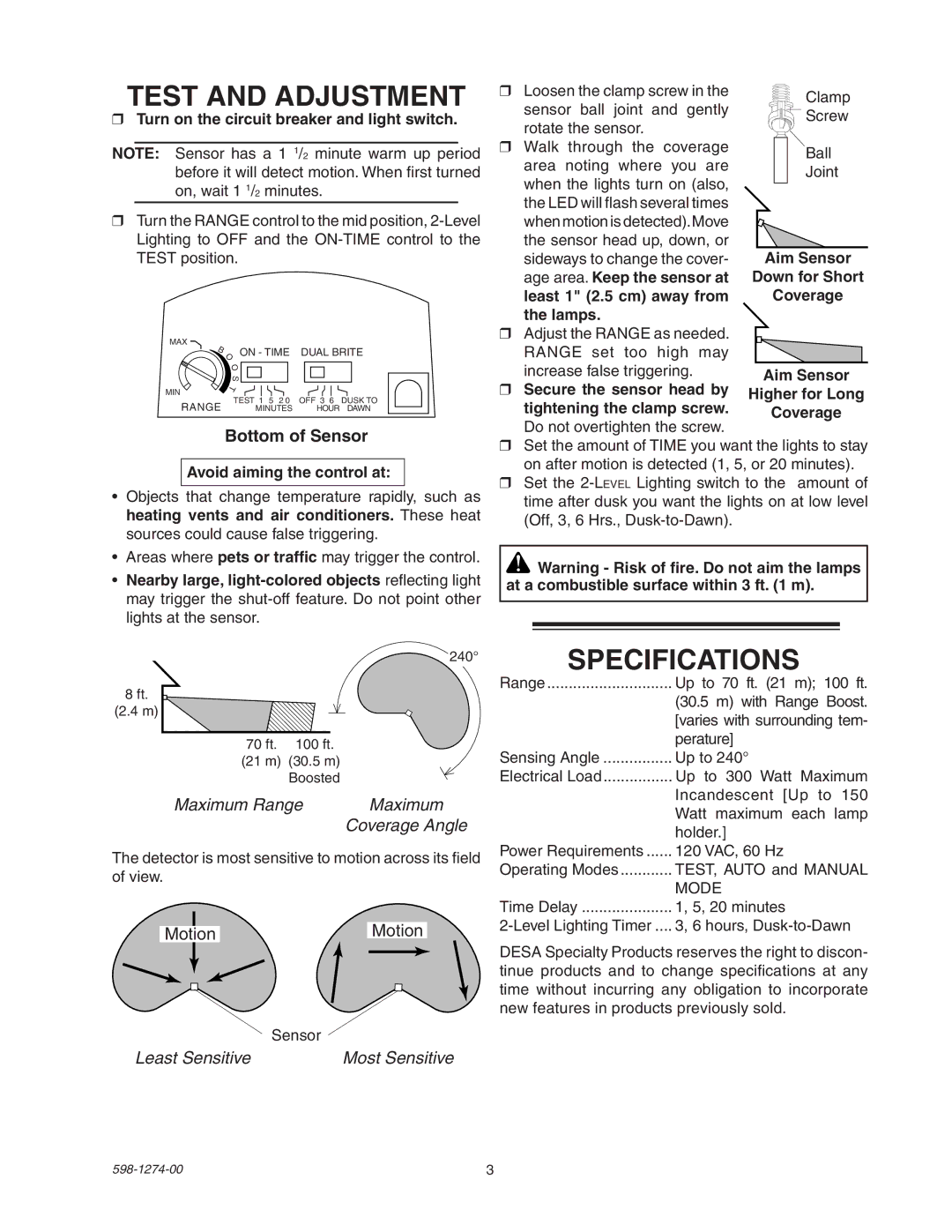 Desa SL-5326 manual Test and Adjustment, Specifications, Bottom of Sensor, Maximum Range, Least Sensitive 