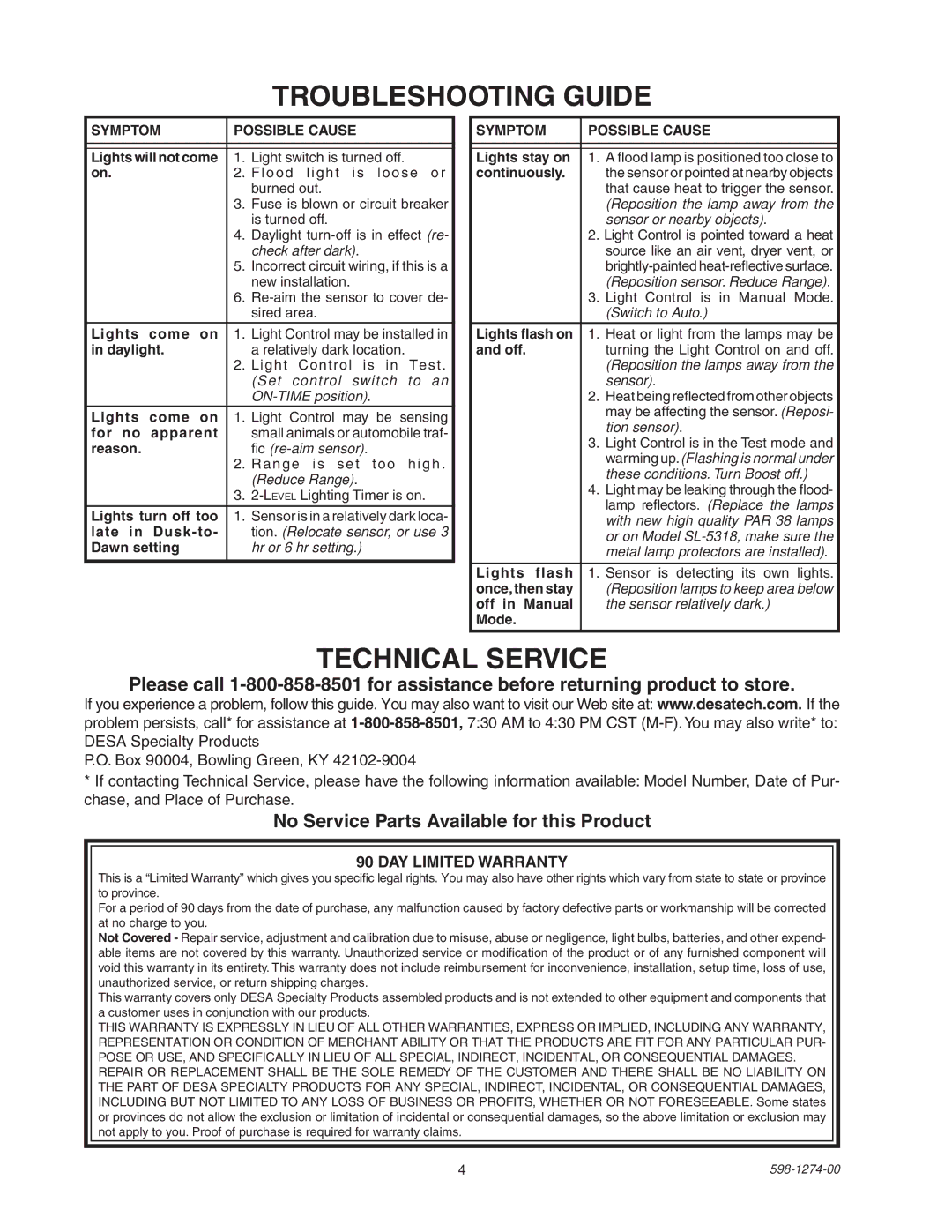 Desa SL-5326 Troubleshooting Guide, Technical Service, No Service Parts Available for this Product, DAY Limited Warranty 