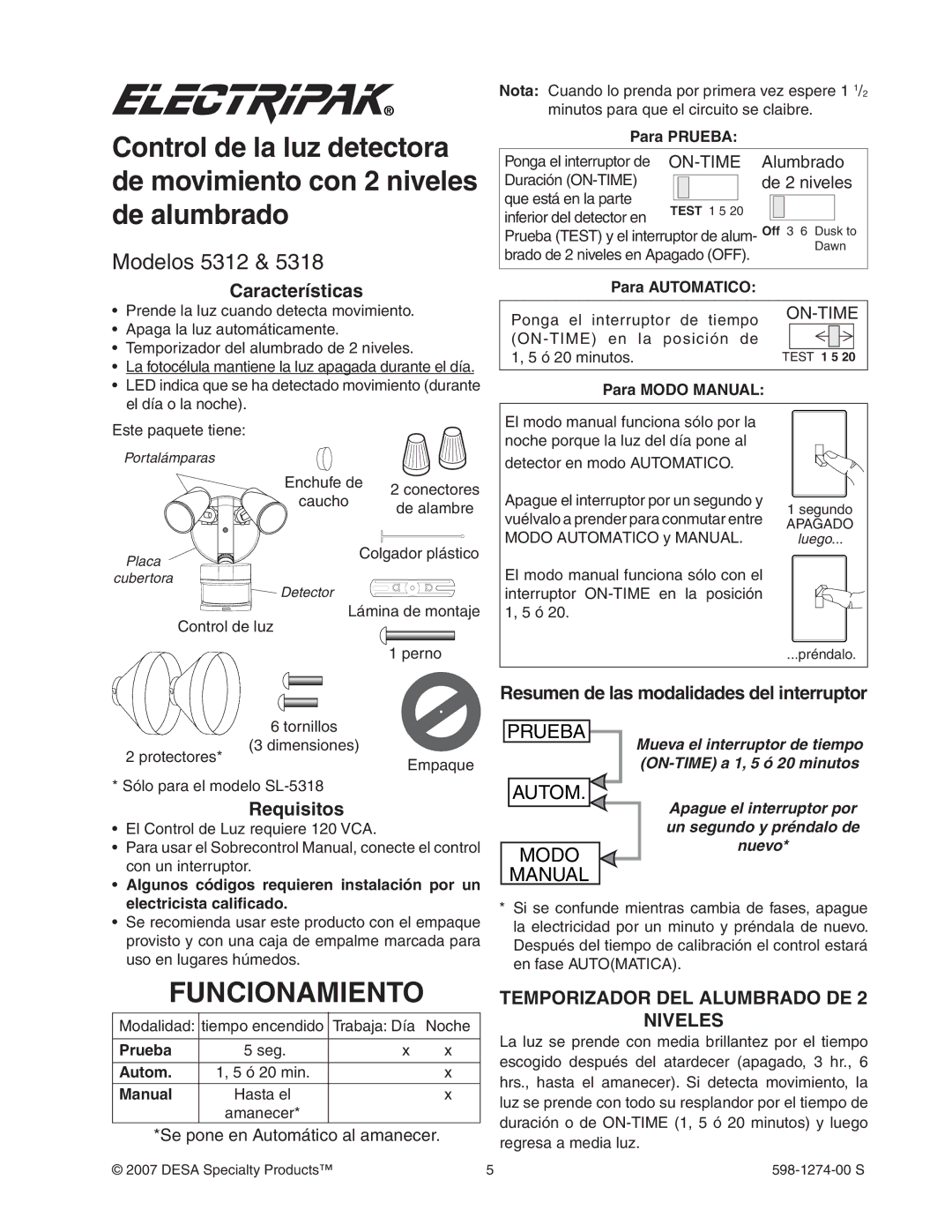 Desa SL-5326 manual Funcionamiento, Modelos 5312, Temporizador DEL Alumbrado DE Niveles 