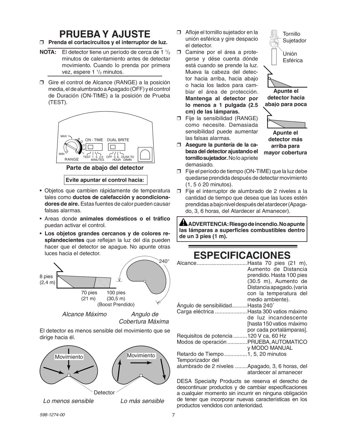 Desa SL-5326 Prueba Y Ajuste, Especificaciones, Parte de abajo del detector, Alcance Máximo Angulo de Cobertura Máxima 