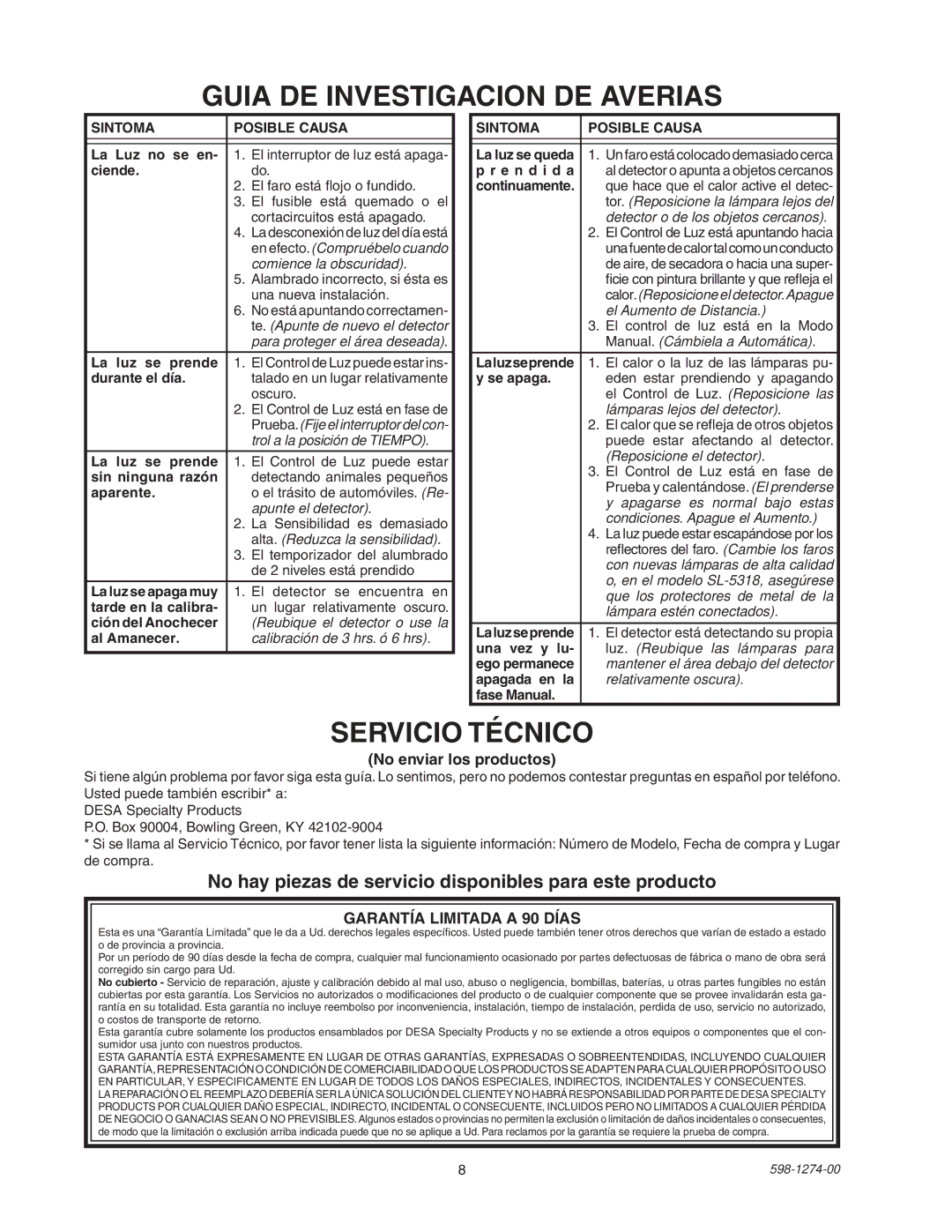 Desa SL-5326 Guia DE Investigacion DE Averias, Servicio Técnico, No hay piezas de servicio disponibles para este producto 