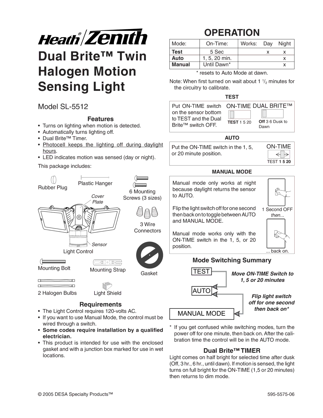 Desa SL-5512 manual Operation, Features, Requirements Mode Switching Summary, Dual Brite Timer 