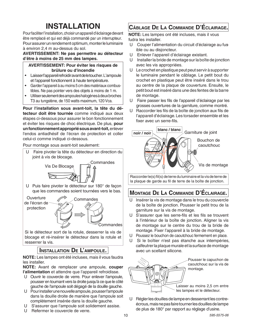 Desa SL-5512 manual Câblage DE LA Commande D’ÉCLAIRAGE, Installation DE L’AMPOULE, Montage DE LA Commande D’ÉCLAIRAGE 