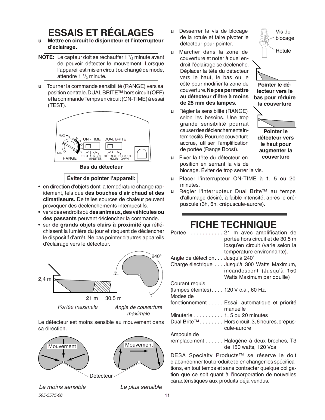 Desa SL-5512 manual Essais ET Réglages, Fiche Technique, Le moins sensible, Bas du détecteur Éviter de pointer l’appareil 