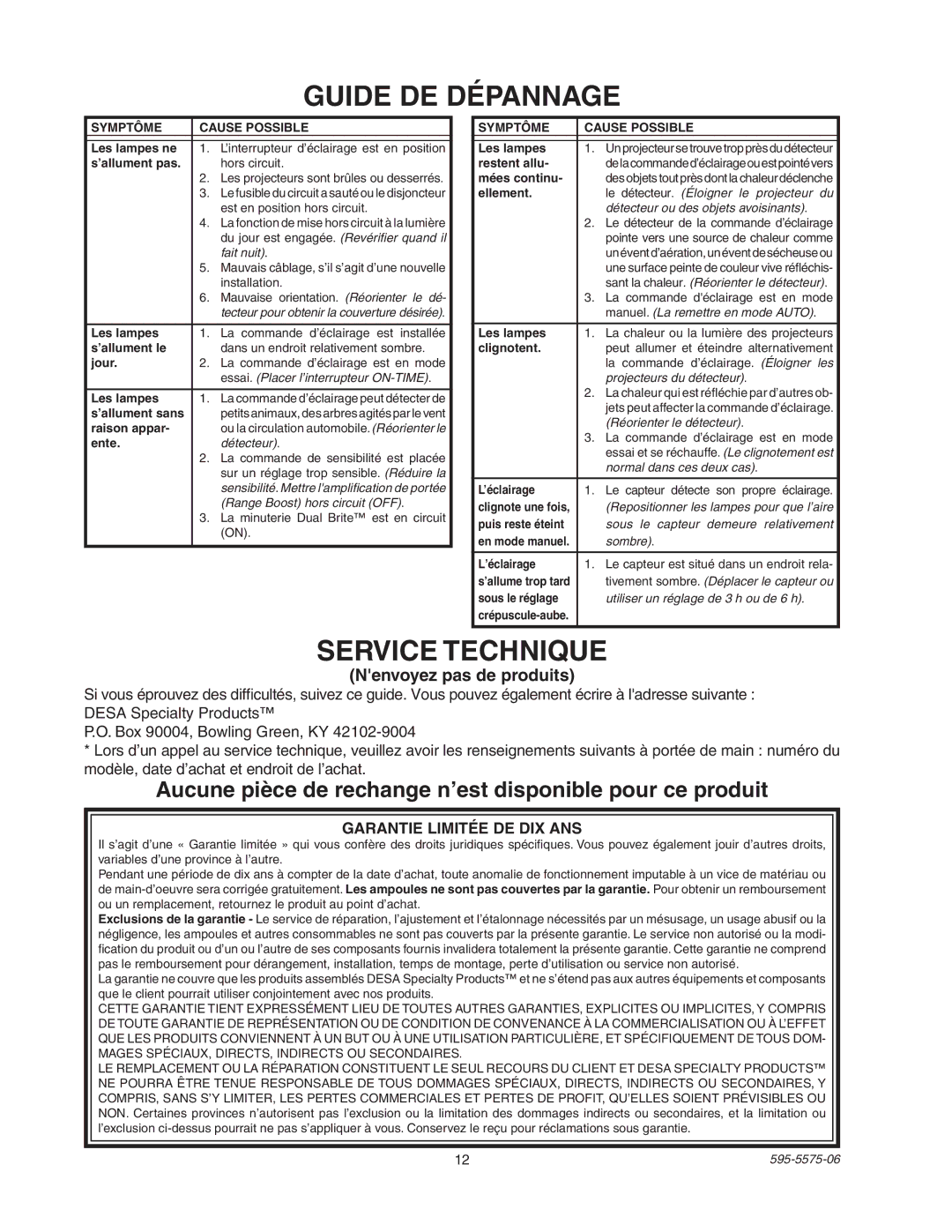 Desa SL-5512 manual Guide DE Dépannage, Service Technique, Aucune pièce de rechange n’est disponible pour ce produit 