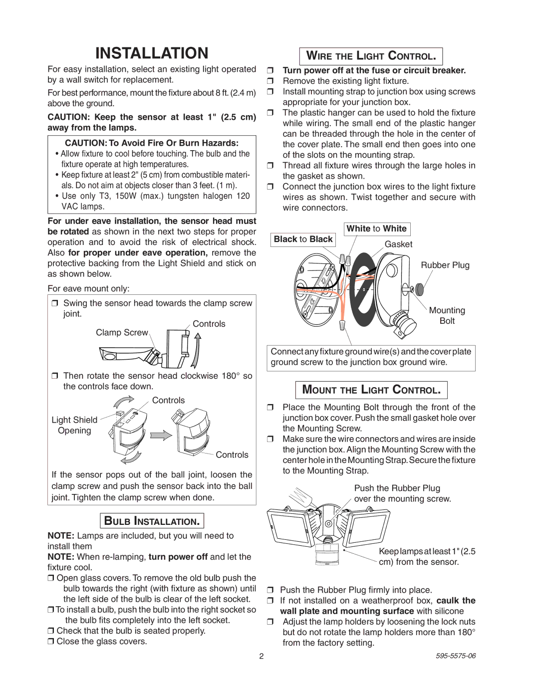 Desa SL-5512 manual Wire the Light Control, Bulb Installation, Mount the Light Control 