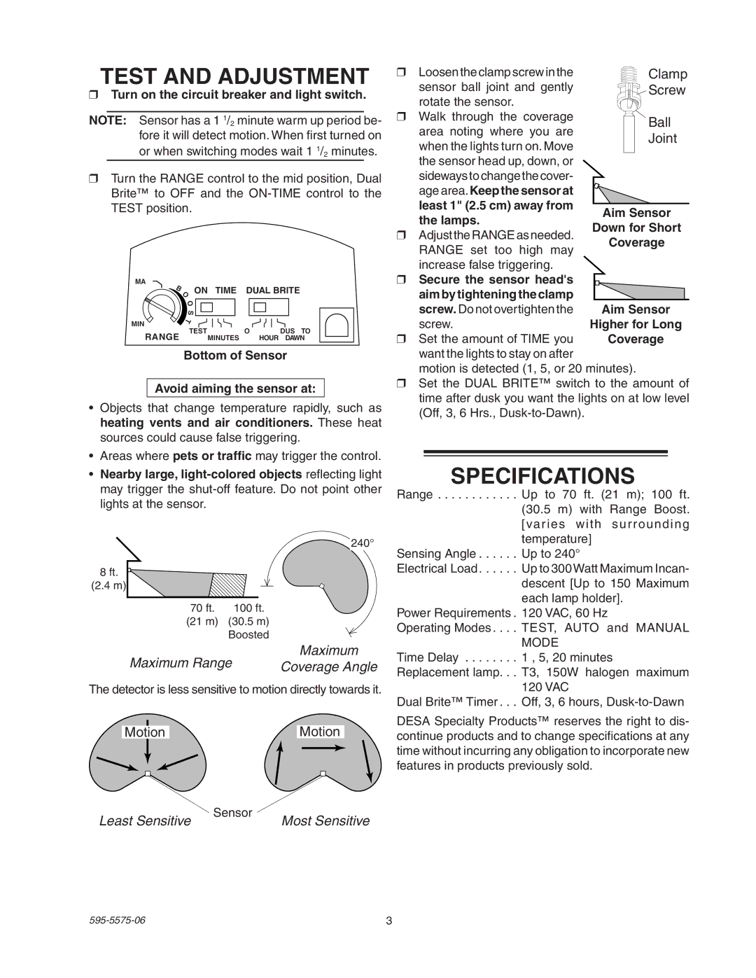 Desa SL-5512 manual Test and Adjustment, Specifications, Maximum Range, Least Sensitive 