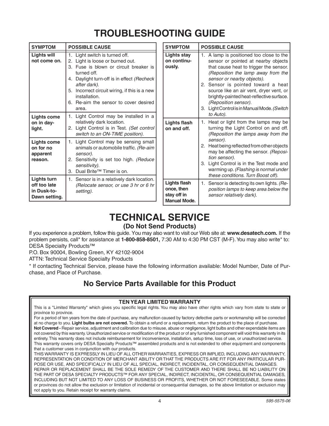 Desa SL-5512 Troubleshooting Guide, Technical Service, No Service Parts Available for this Product, Do Not Send Products 