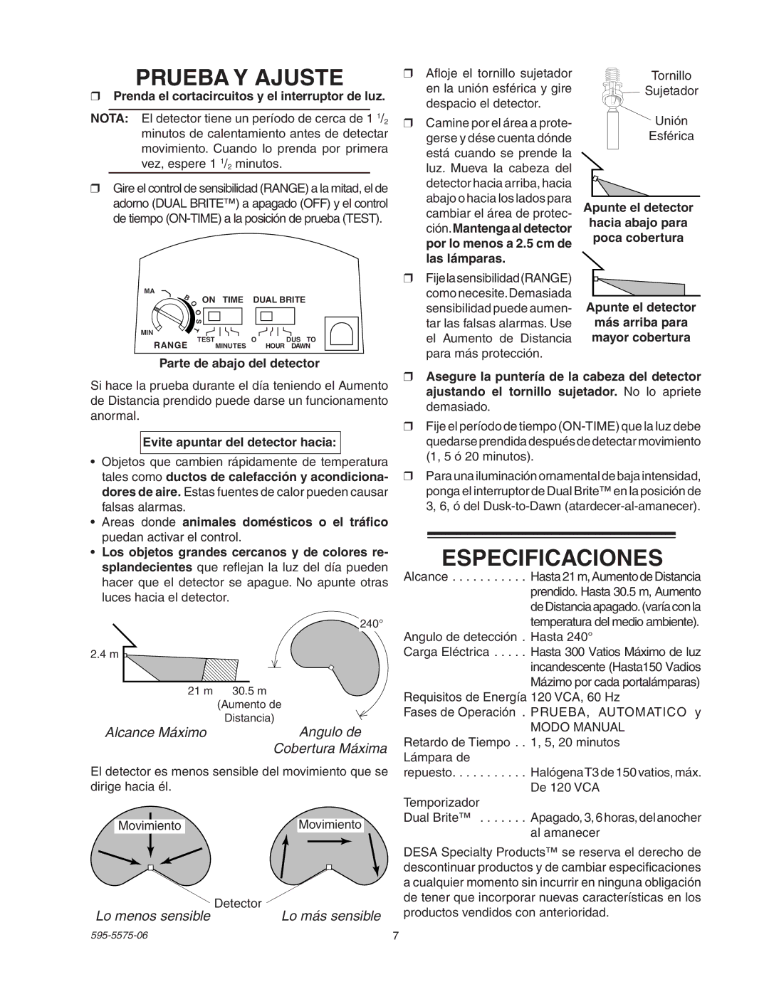 Desa SL-5512 manual Prueba Y Ajuste, Especificaciones, Alcance Máximo Angulo de Cobertura Máxima, Lo menos sensible 