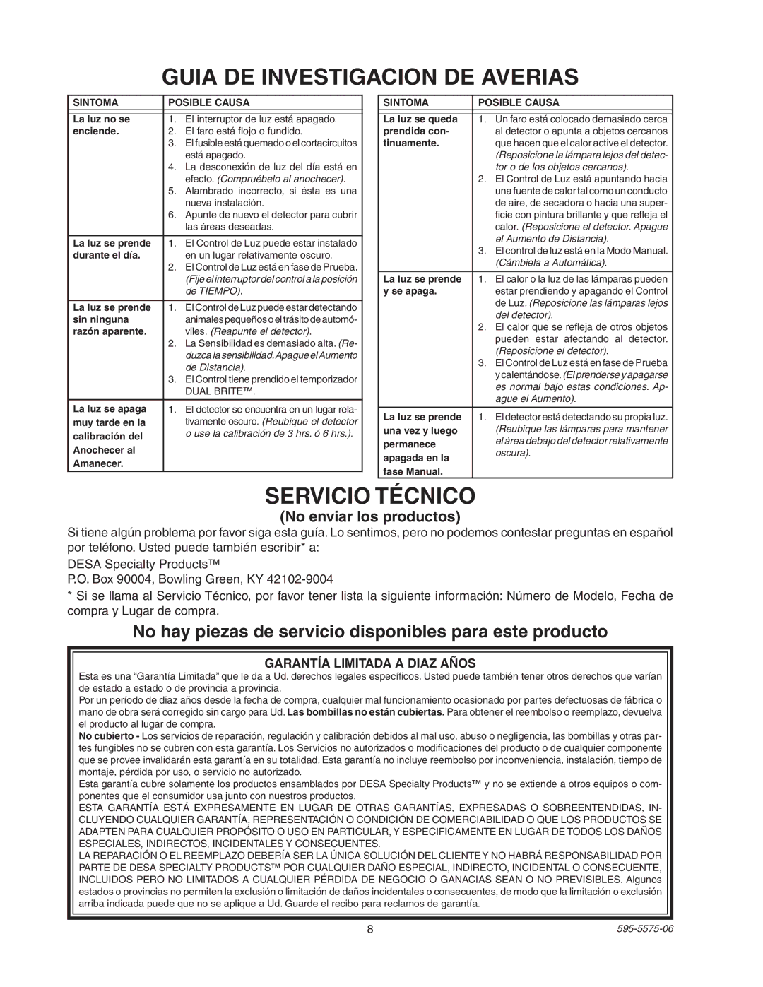 Desa SL-5512 Guia DE Investigacion DE Averias, Servicio Técnico, No hay piezas de servicio disponibles para este producto 