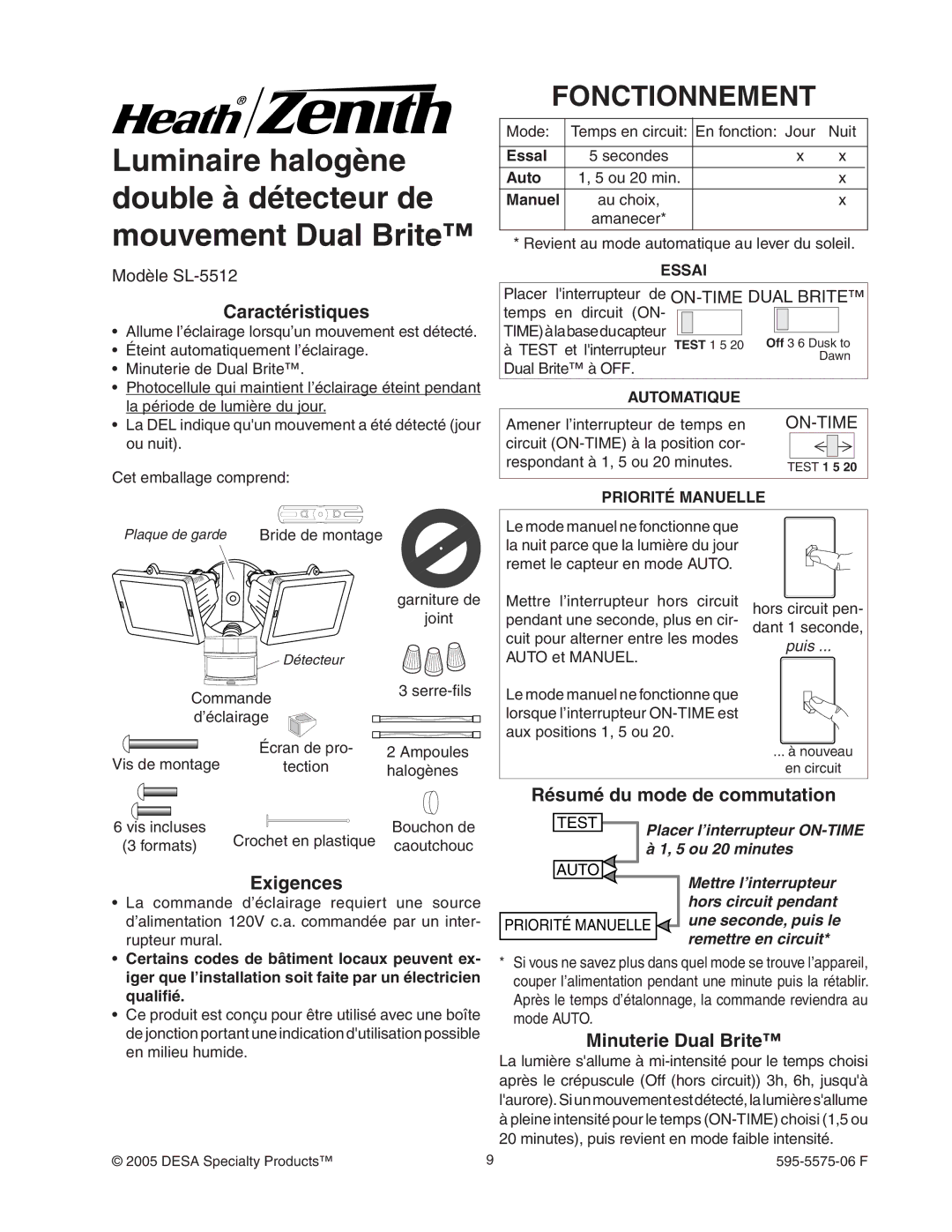 Desa SL-5512 manual Fonctionnement, Caractéristiques, Exigences 