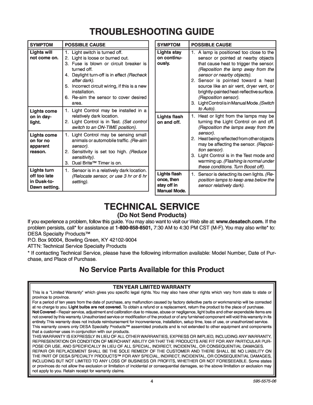 Desa SL-5512 Troubleshooting Guide, Technical Service, No Service Parts Available for this Product, Do Not Send Products 