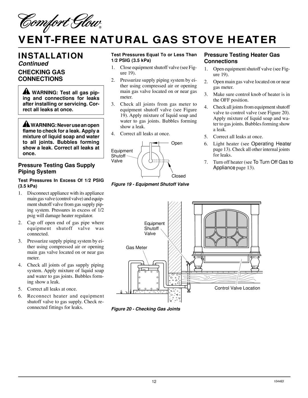 Desa SL30NT Checking GAS Connections, Pressure Testing Gas Supply Piping System, Pressure Testing Heater Gas Connections 