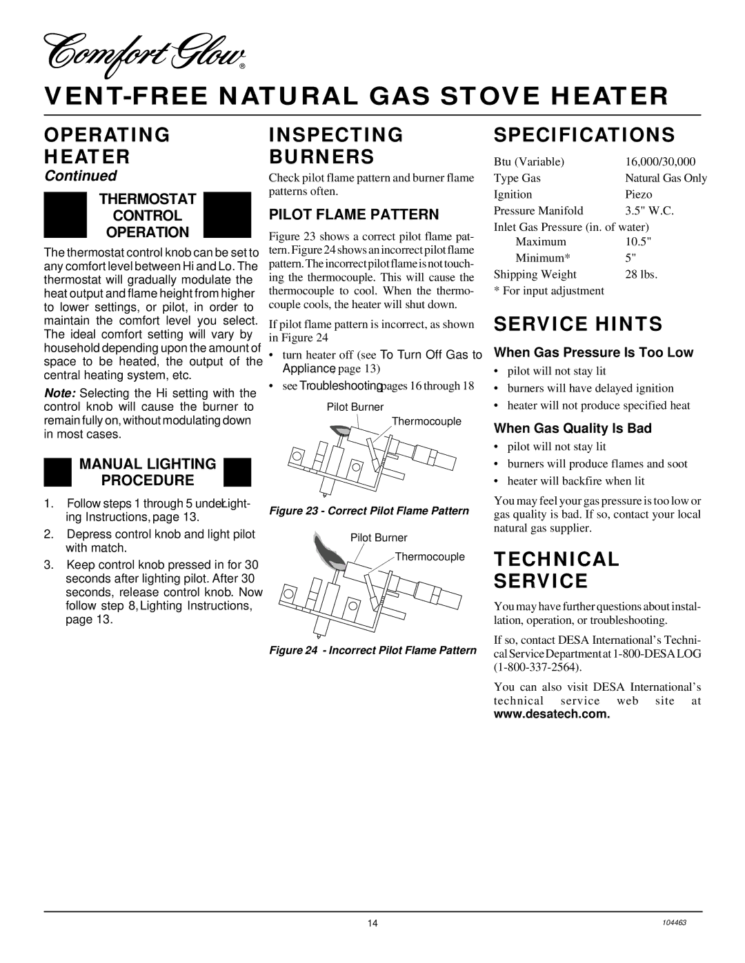 Desa SL30NT installation manual Inspecting Burners, Specifications, Service Hints, Technical Service 